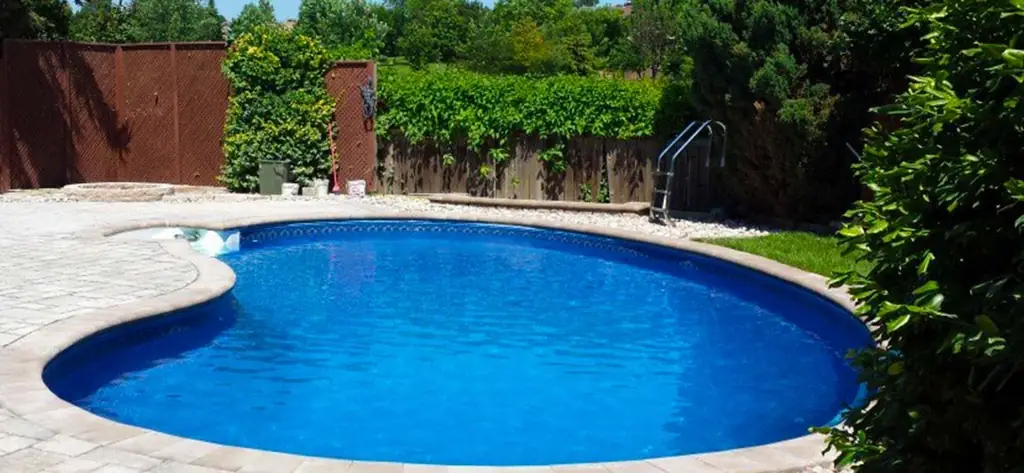 Kidney-shaped pool with a ladder, interlock deck and a cedar hedge